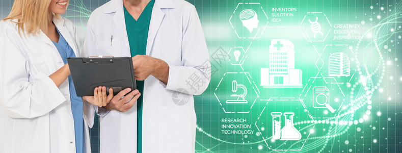 医疗保健研究与发展概念医院实验室具有科学保健研究图标的医生显示疗护理技术创新医学发现和保健数据的象征